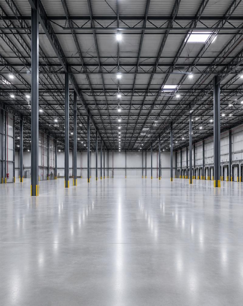 Massive empty modern logistics warehouse with steel pillars